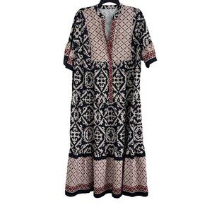Shein Women Bohemian Short Sleeve Black & Beige Printed Maxi Dress Size L